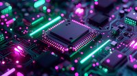 Microprocessor on circuit board illuminated by vibrant pink and turquoise neon lights creating futuristic cyberpunk atmosphere, macro photography of computer hardware.