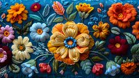 Vibrant floral composition with orange, yellow, blue and red blooms against dark background, featuring detailed petals and silver leaves in folk art style. Decorative pattern.