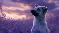 White dog in lavender field at sunset, looking up against dramatic purple sky with clouds, atmospheric nature photography with dreamy mood.
