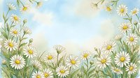 Watercolor daisy field border with soft blue sky background, white chamomile flowers and green stems framing copy space for cards.