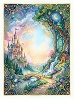 Fantasy landscape with medieval castle, ancient tree, waterfall and ornate golden border frame under starry twilight sky for storybook illustration.