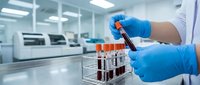 Medical laboratory technician in blue gloves holding blood sample test tube in modern clinical research facility for diagnostic testing and analysis.