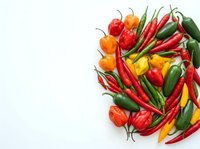 Assorted fresh chili peppers and bell peppers arranged on white background, ideal for food, cooking, and culinary design projects.