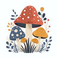 Decorative mushrooms in red, blue and yellow with botanical elements on white background. Scandinavian style folk art composition for fabric and wall art design.