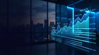 Glowing neon stock market charts and upward trending graphs displayed on digital screen in modern office with city skyline view at dusk for financial analysis.