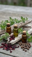 Natural essential oil bottles with cork stoppers arranged on weathered wood with fresh herbs, dried spices and seeds for aromatherapy and wellness treatments.