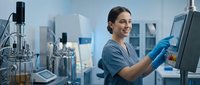 Female scientist in blue lab coat working with computer in modern laboratory with scientific equipment and glassware for research and development.