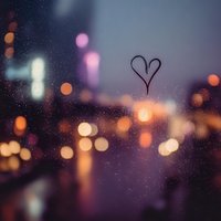 Heart drawn on rainy window glass with blurred city lights bokeh background at dusk creating romantic atmosphere for love concepts and Valentine designs.