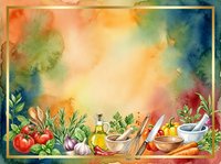 Watercolor cooking background with fresh vegetables, herbs, olive oil bottles, and kitchen utensils on colorful gradient backdrop. Suitable for recipe blogs, culinary websites, and food-related designs.