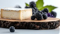 Fresh brie cheese wedge on rustic wood slice with ripe blackberries and green leaves, macro food photography on white background.