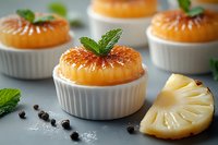 Caramelized pineapple upside down desserts in white ramekins garnished with fresh mint leaves, served with pineapple slice and black peppercorns on gray surface.