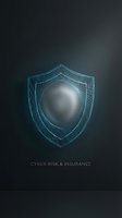Digital shield with glowing sphere inside wireframe protection symbol on dark background. Represents cybersecurity, data protection, and insurance concepts for business and technology.