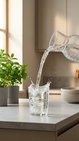 Water pouring from pitcher into glass on marble countertop with potted plant and warm sunlight, suitable for beverage, wellness and lifestyle design projects.