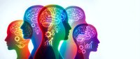 Colorful human head silhouettes with glowing brain networks and gears representing artificial intelligence, teamwork, and cognitive processes for business.