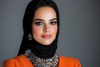 Young Middle Eastern woman wearing orange dress and black hijab with crystal embellishments and statement earrings poses confidently against gray background, showcasing modern modest fashion.