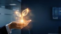 Businessperson holding glowing neon plant sprout symbolizing growth, sustainability, and eco-friendly innovation for corporate environmental responsibility concepts.
