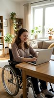Woman with dark hair and light skin tone, wearing a patterned brown shirt, working on laptop at wooden desk from wheelchair in bright living room with plants and shelving.