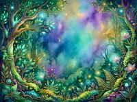 Enchanted forest frame with glowing magical lights, mystical plants, and ethereal watercolor mist in vibrant greens, purples, and golds. Isolated design element for fantasy backgrounds and creative projects.