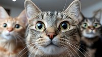 Adorable tabby kitten with bright green eyes looking directly at camera surrounded by other cute kittens in soft focus background for pet adoption campaigns.