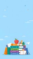 Stack of colorful books with apple, pencils, and paper plane on light blue background with clouds and stars. Educational and back-to-school design.