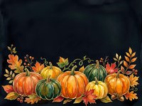 Autumn harvest arrangement with orange and green pumpkins, gourds, and fall foliage on dark background. Seasonal decoration for thanksgiving, autumn events, and harvest celebrations.