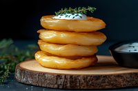 Stack of golden potato pancakes garnished with fresh herbs and sour cream on rustic wooden board against dark background, close up view of traditional cuisine.