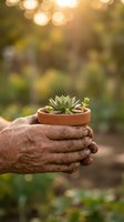 Elderly hands gently holding small terracotta pot with succulent plant in warm sunlight, symbolizing care, growth and nurturing in garden setting.