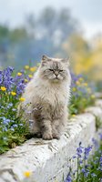 Fluffy gray and white long-haired cat sitting on stone wall surrounded by purple and yellow wildflowers in garden setting with blurred foliage background.