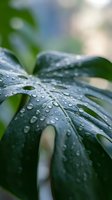 Fresh monstera deliciosa leaf with morning dew drops in natural light creating peaceful botanical atmosphere for wellness and nature concepts.