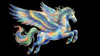 Colorful ornate pegasus with wings spread, rearing up in dynamic pose, isolated on transparent background, ready for stickers, t-shirt design, and print on demand.