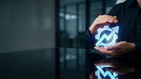 Businessman holding glowing upward arrow chart symbol, representing financial growth, success, and positive business trends for corporate strategy and investment concepts.