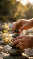Senior hands carefully stacking smooth river stones in balanced tower outdoors with warm sunlight and natural bokeh background for meditation and mindfulness.