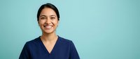 Happy young Hispanic female healthcare worker in navy blue scrubs smiling confidently against turquoise background for medical and wellness campaigns.