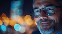 Mature man with beard and eyeglasses against blurred city lights at night, suitable for business, technology, and professional portraits.
