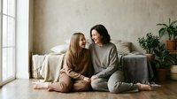 Two young women in cozy sweaters sitting together on bedroom floor having intimate conversation. Friendship bonding moment in natural light home interior.