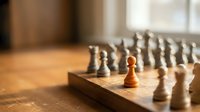Strategic chess game with wooden pieces on board showing leadership and business planning concepts for corporate training materials.