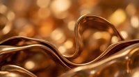 Flowing liquid bronze metal waves with warm golden bokeh background creating luxurious abstract composition for premium design projects and elegant branding materials.