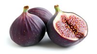 Fresh ripe purple figs, one whole and one cut in half showing red juicy flesh and seeds on white background, isolated food photography for packaging design.