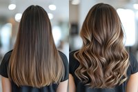 Before and after professional hair styling comparison showing straight brown balayage hair transformed into soft wavy curls with caramel highlights and dimension.
