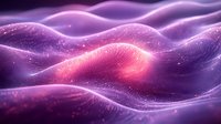Abstract purple and pink glowing waves with particles creating dynamic flowing landscape. Futuristic digital art background with luminous light effects.