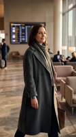 Professional businesswoman in elegant gray coat standing in modern airport terminal waiting area with departure board and travelers in background.