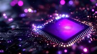 Glowing purple microchip on circuit board with bokeh light effects and digital connections, representing advanced computing technology and artificial intelligence.