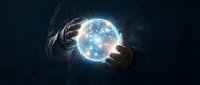 Young adult male with medium skin tone holding glowing luminous sphere in hands against dark background, representing energy, innovation, technology, and future concepts for business and science applications.