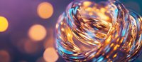 Swirling liquid glass creates abstract golden waves against blurred bokeh lights in purple and orange tones, macro photography for luxury backgrounds.