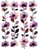 Delicate pink and purple watercolor flowers with dark stems and leaves arranged in vertical pattern. Soft transparent petals create romantic floral composition.