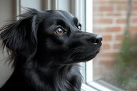 Black mixed breed dog with soulful amber eyes gazing thoughtfully through window, side profile portrait showing glossy fur and alert expression against natural light.