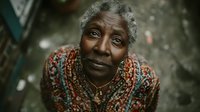 Elderly African American woman with gray curly hair wearing colorful patterned sweater looking up with warm expression for lifestyle and aging concepts.