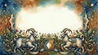 Ornate vintage frame with decorative elephants, scrollwork, and stars on aged parchment background. Isolated design element suitable for invitations, posters, and greeting cards.