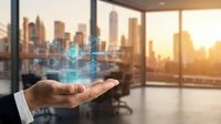 Business professional displaying holographic network technology icons above palm in modern office with city skyline at sunset for digital transformation concepts.