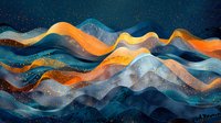 Flowing abstract waves in blue and orange with gold glitter effect create dynamic mountain-like landscape against dark background. Modern art composition.